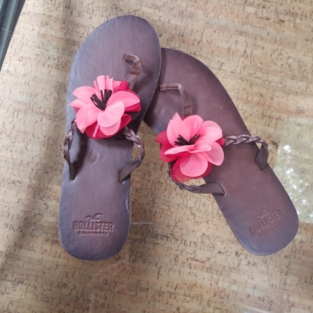Hollister Pink Blossom Flip Flops Genuine Leather